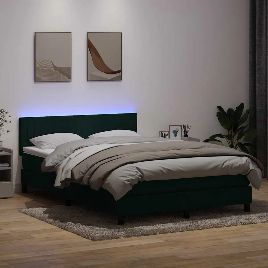 Sommier à lattes de lit et matelas et LED vert foncé 140x210cm velours - 4