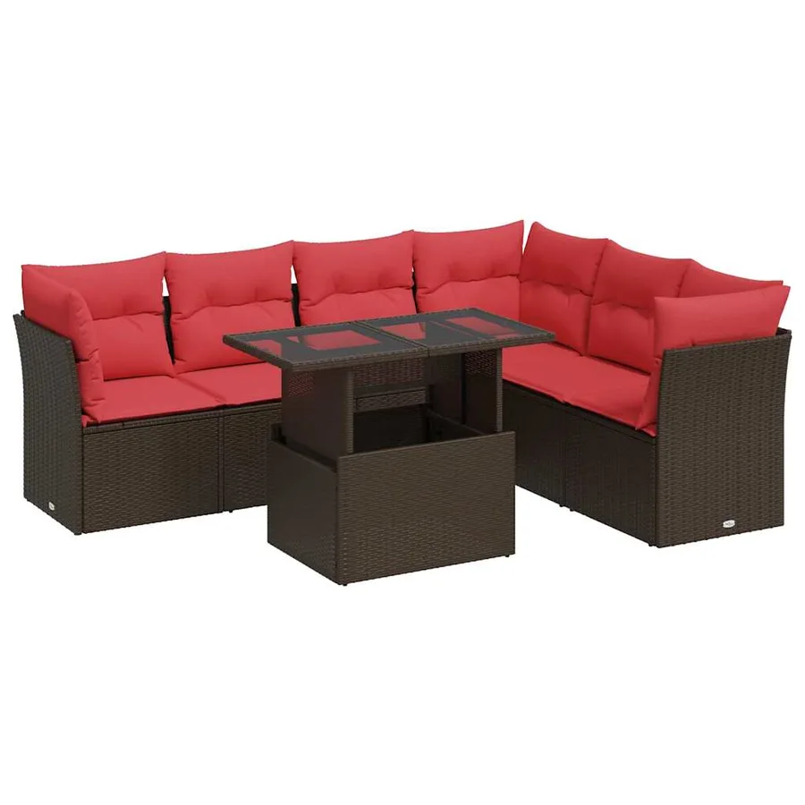 Salon de jardin avec coussins 7 pcs marron résine tressée acacia - 2