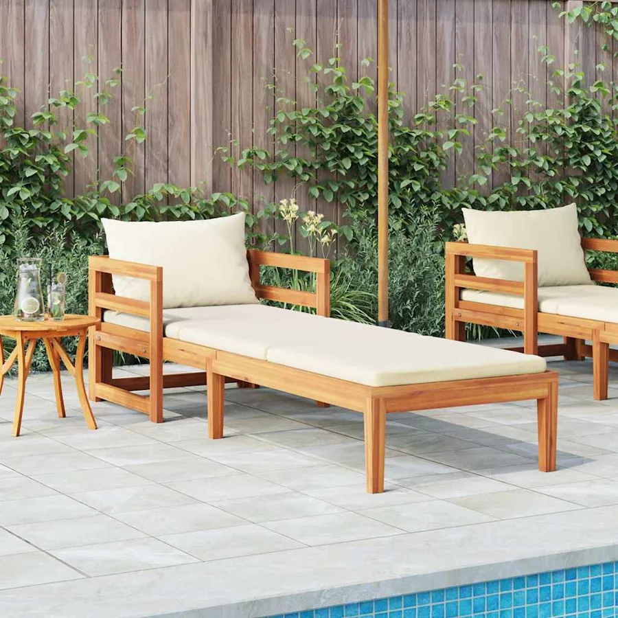 Chaise longue avec coussins blanc crème Bois d'acacia solide