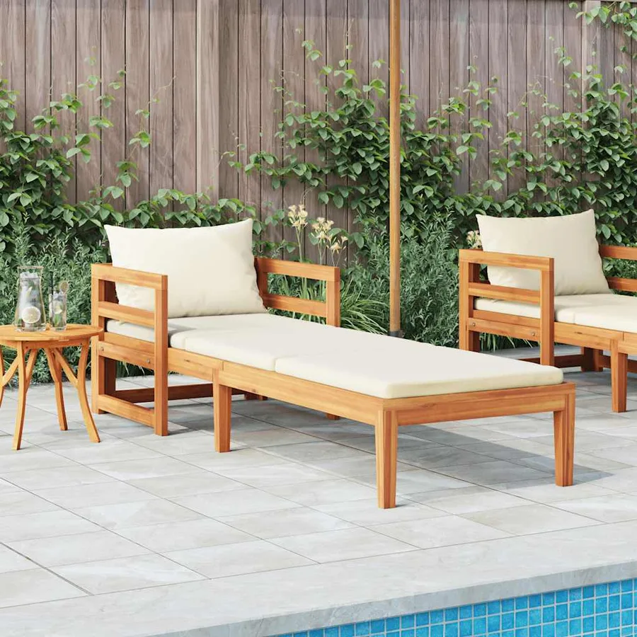 Chaise longue avec coussins blanc crème Bois d'acacia solide - 3