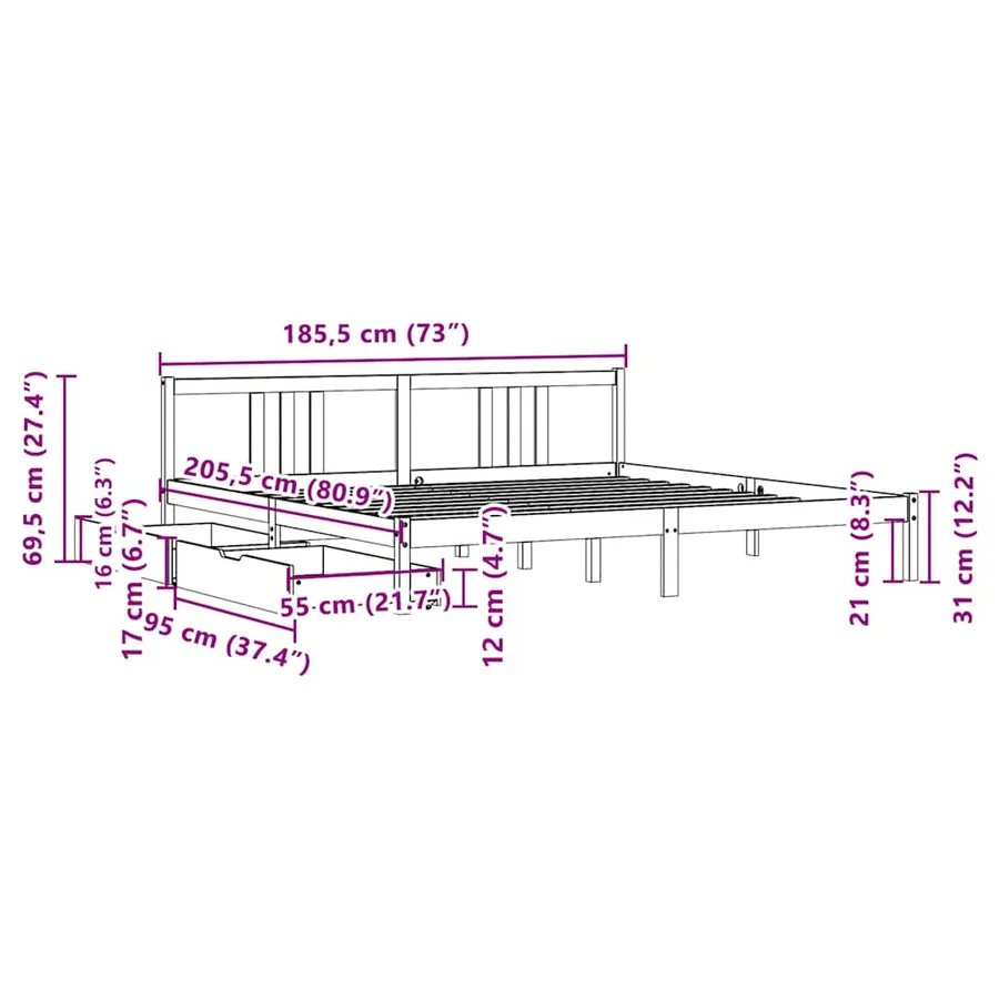 Cadre de lit sans matelas 180x200 cm bois massif de pin - 11