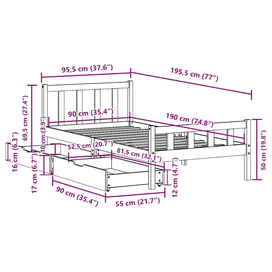 Cadre de lit sans matelas 90x190 cm bois de pin massif - 11