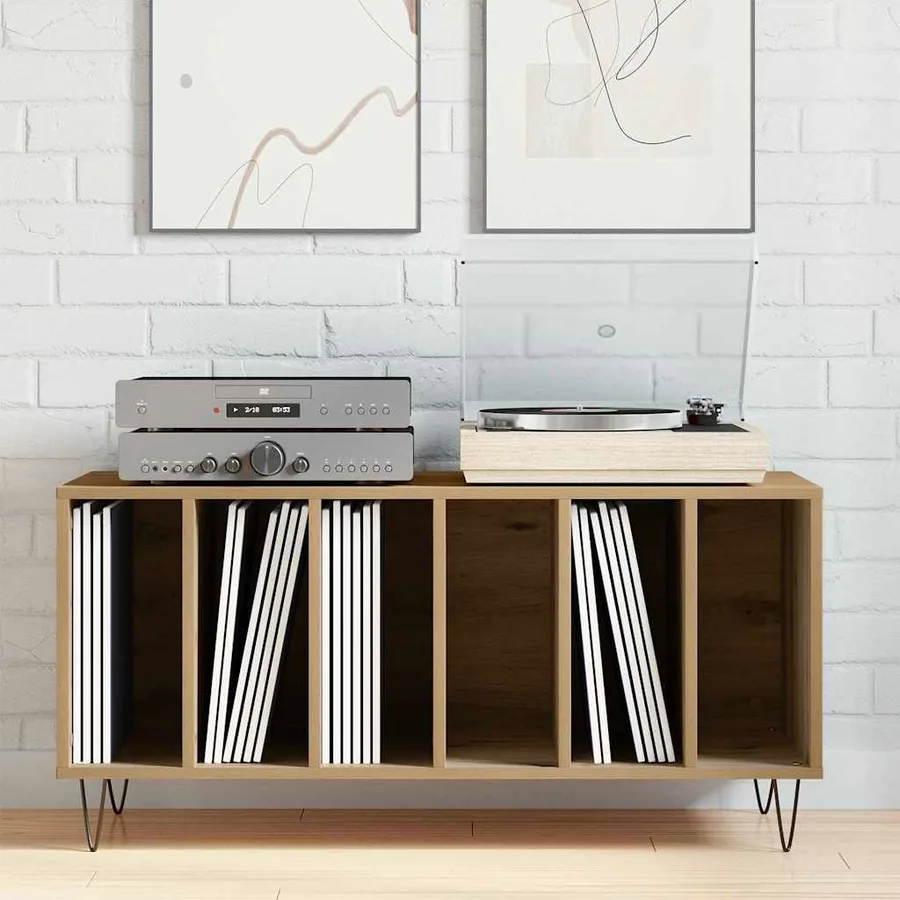 Meuble à vinyles chêne artisanal 100 x 38 x 48 cm - 4