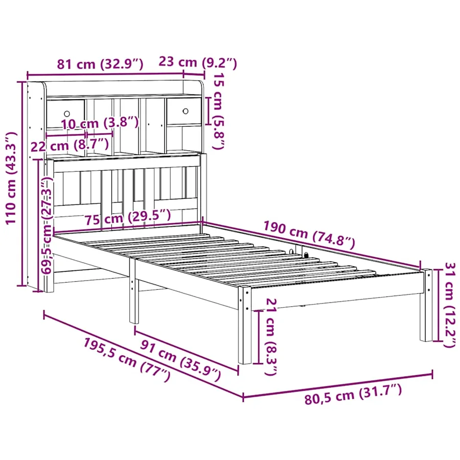 Lit bibliothèque sans matelas 75x190 cm bois de pin massif - 11