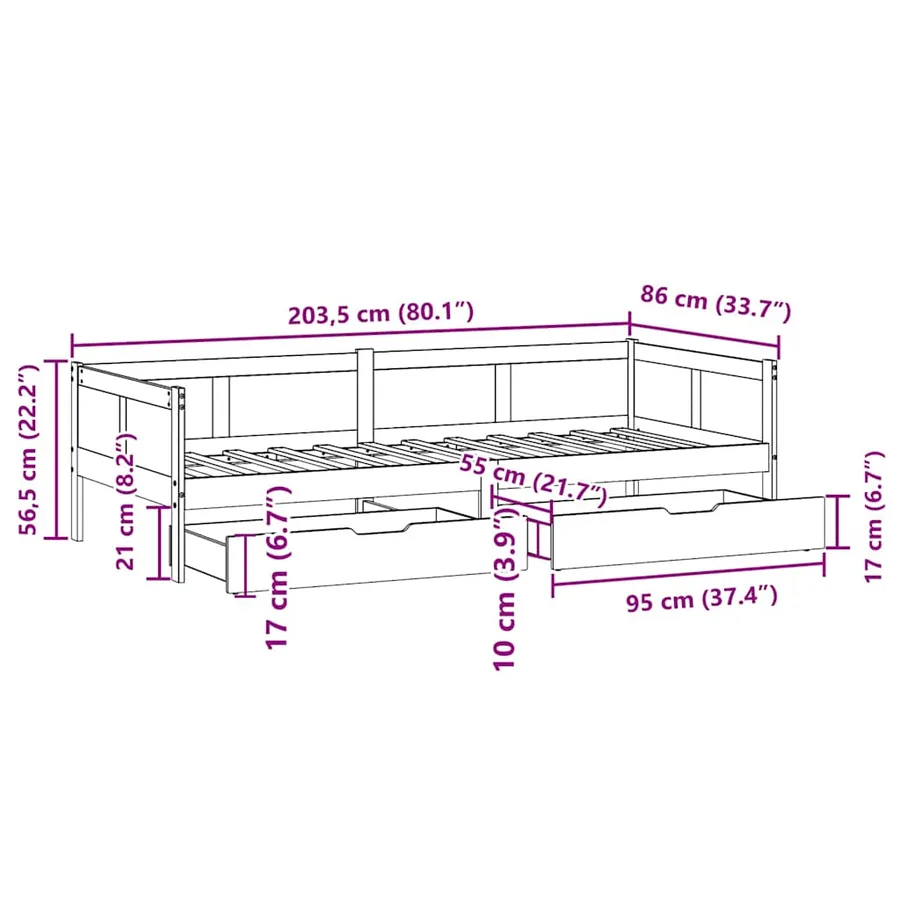 Lit de jour avec tiroirs sans matelas 80x200 cm bois massif - 12