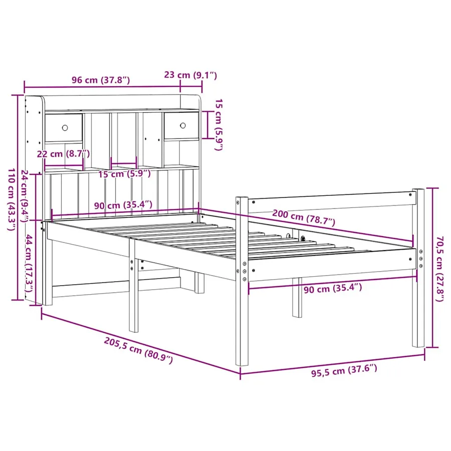Lit bibliothèque sans matelas 90x200 cm bois de pin massif - 11