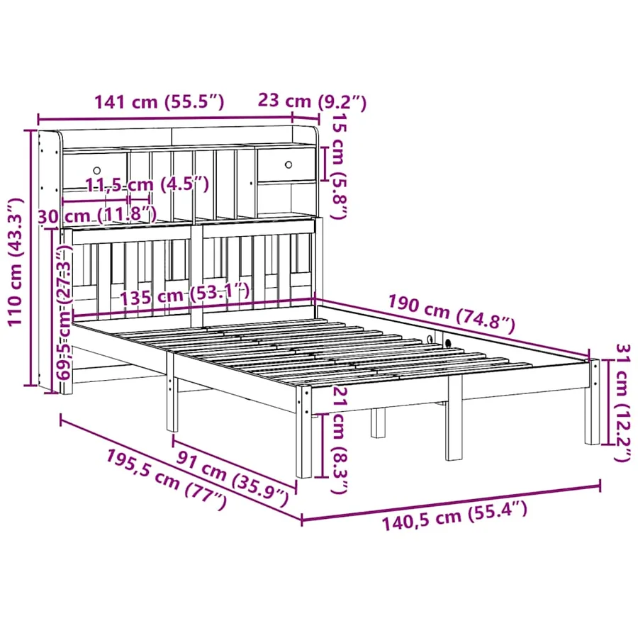 Lit bibliothèque sans matelas 135x190 cm bois de pin massif - 11