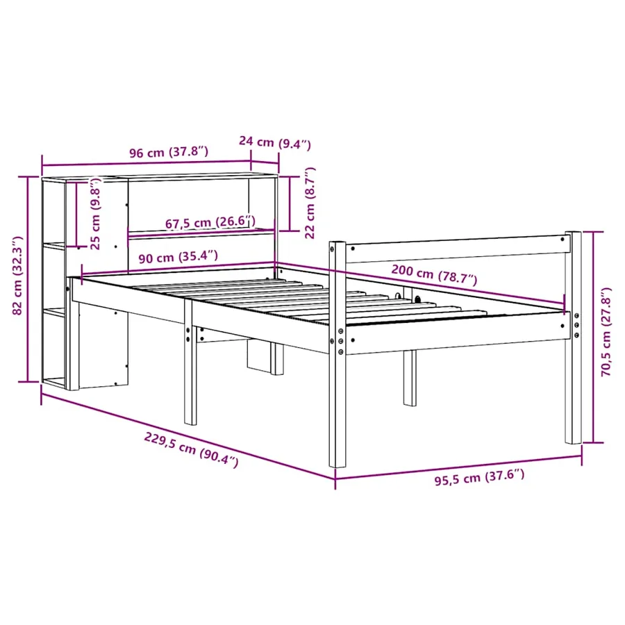 Lit bibliothèque sans matelas 90x200 cm bois de pin massif - 12