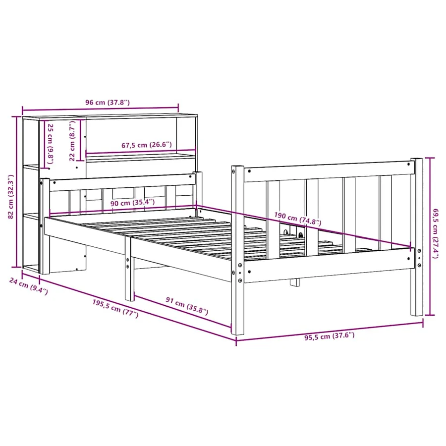 Lit bibliothèque sans matelas 90x190 cm bois de pin massif - 12