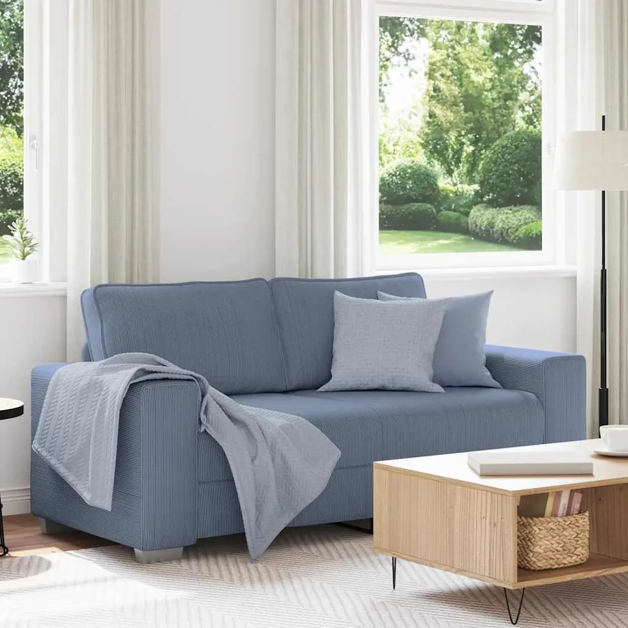 Canapé deux places bleu 180x77x82 cm en tissu velours côtelé