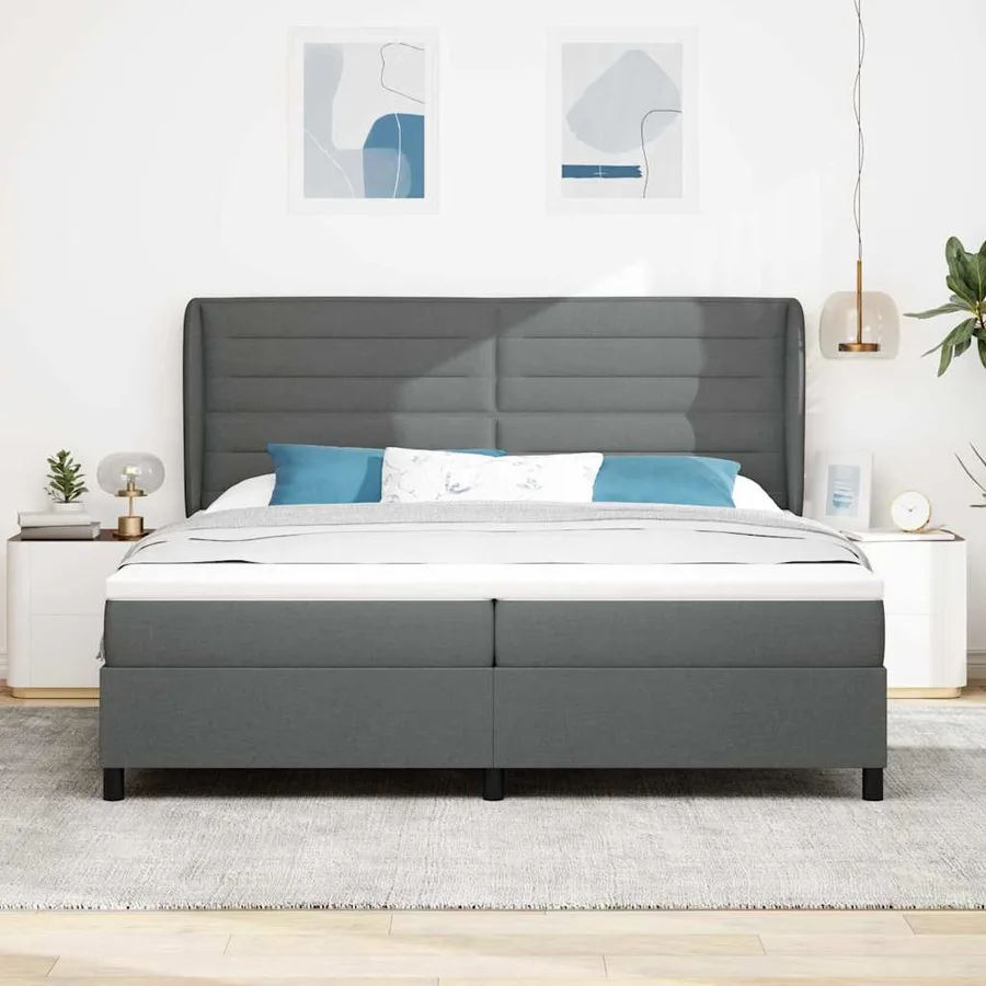 Lit à ressorts avec matelas Gris foncé 200 x 200 cm tissu - 3