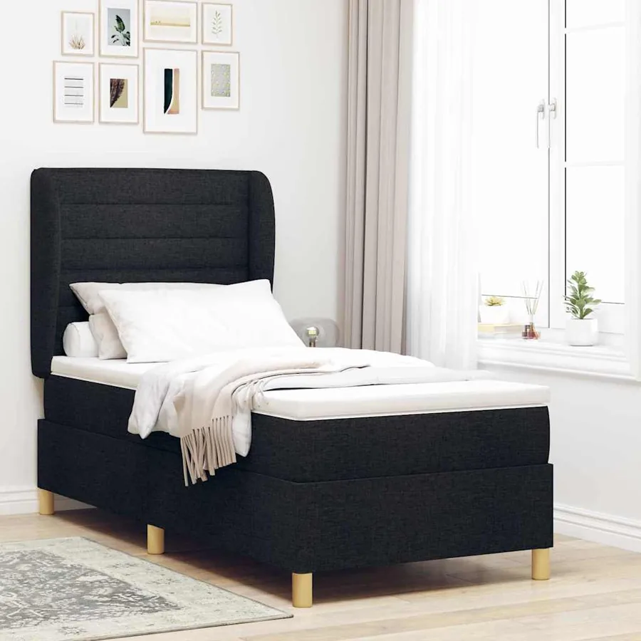 Lit à ressorts avec matelas Noir 200 x 100 cm tissu
