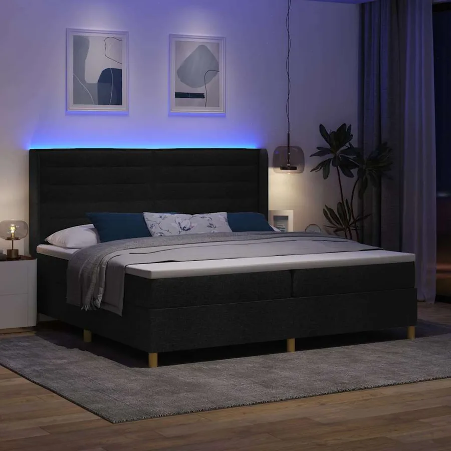 Lit à ressorts avec matelas avec LED Noir 200 x 200 cm tissu - 5