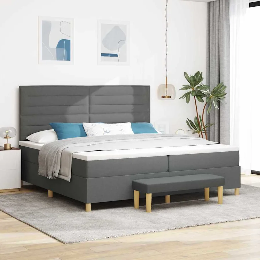 Lit à ressorts avec matelas Gris foncé 200 x 200 cm tissu