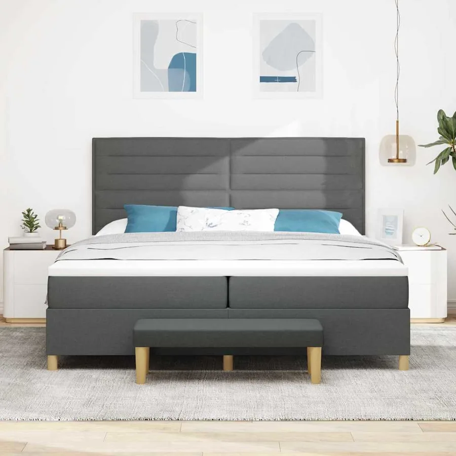 Lit à ressorts avec matelas Gris foncé 200 x 200 cm tissu - 3