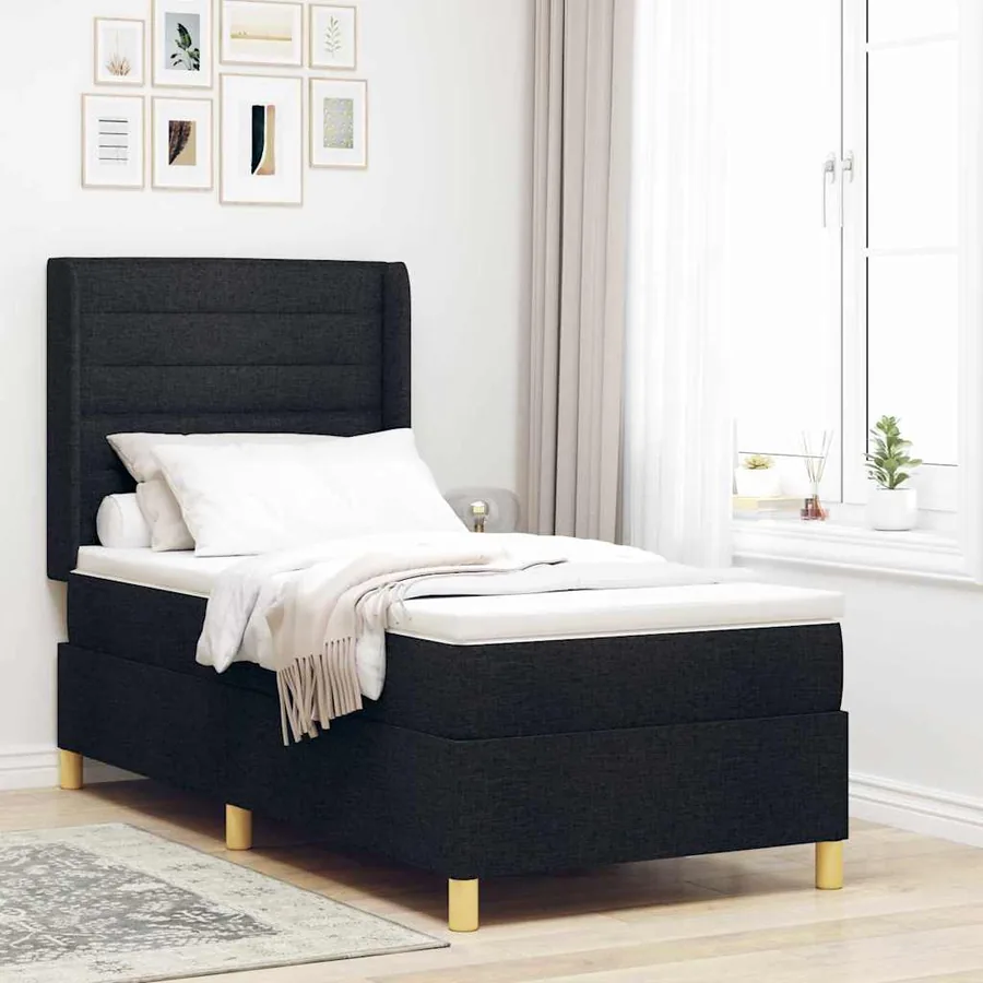 Lit à ressorts avec matelas Noir 100 x 200 cm tissu