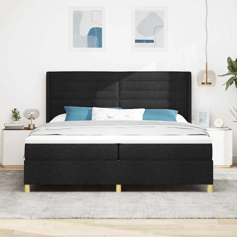 Lit à ressorts avec matelas Noir 200 x 200 cm tissu - 3