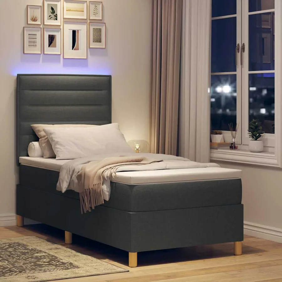 Lit à ressort LED avec matelas Gris foncé 90 x 190 cm tissu - 5