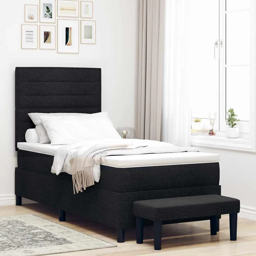 Lit à ressorts avec coussin Noir 90 x 200 cm tissu
