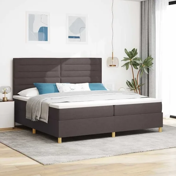 Lit à ressort LED avec matelas Marron foncé 200 x 200 cm tissu