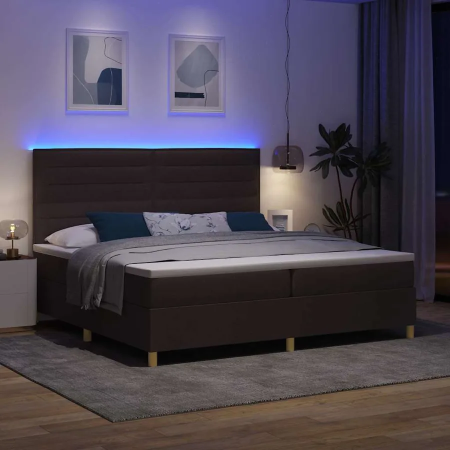 Lit à ressort LED avec matelas Marron foncé 200 x 200 cm tissu - 5