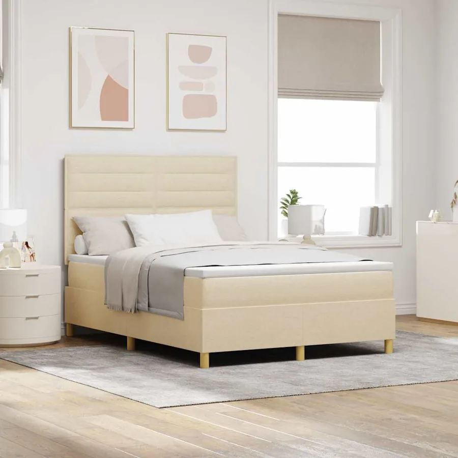 Lit à ressort LED avec matelas Crème 140 x 200 cm tissu