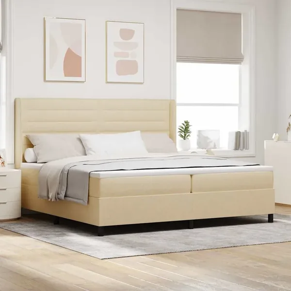 Lit à ressort LED avec matelas Crème 200 x 200 cm tissu