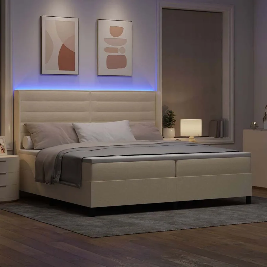 Lit à ressort LED avec matelas Crème 200 x 200 cm tissu - 5