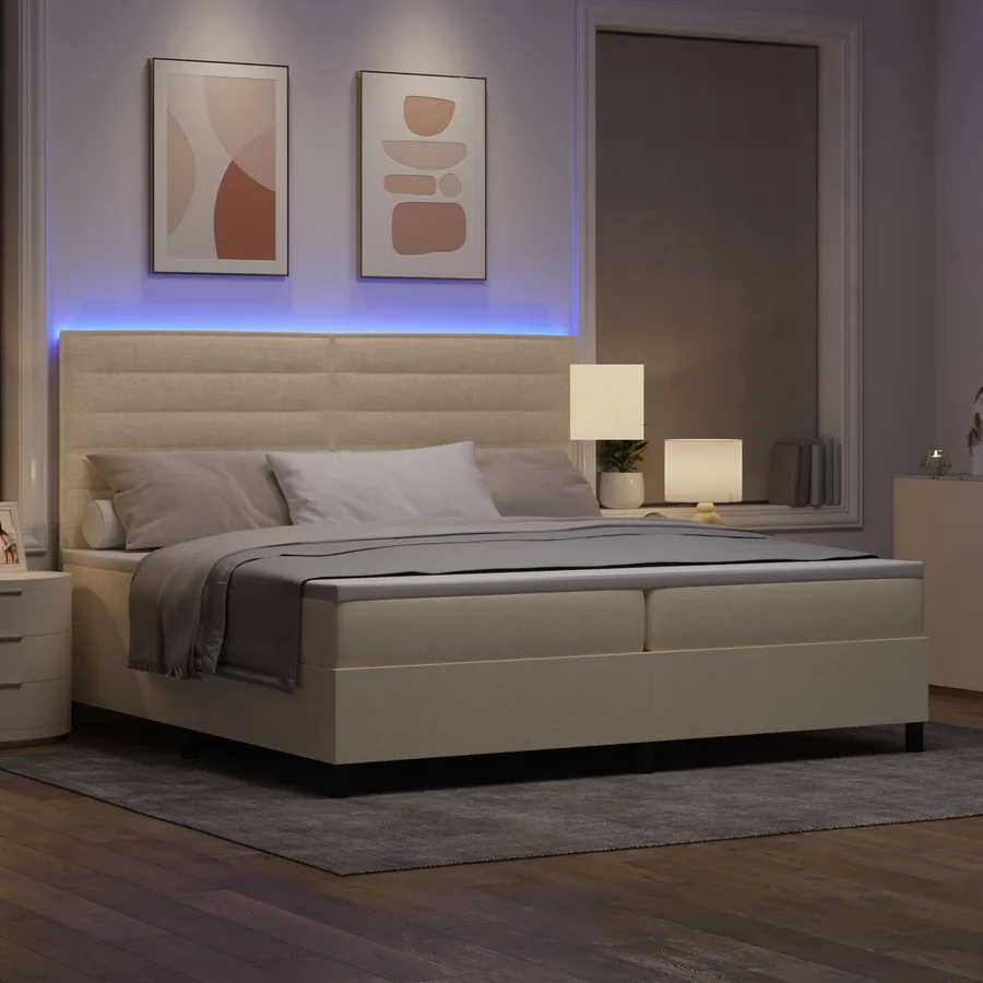 Lit à ressorts avec matelas avec LED Crème 200 x 200 cm tissu - 3