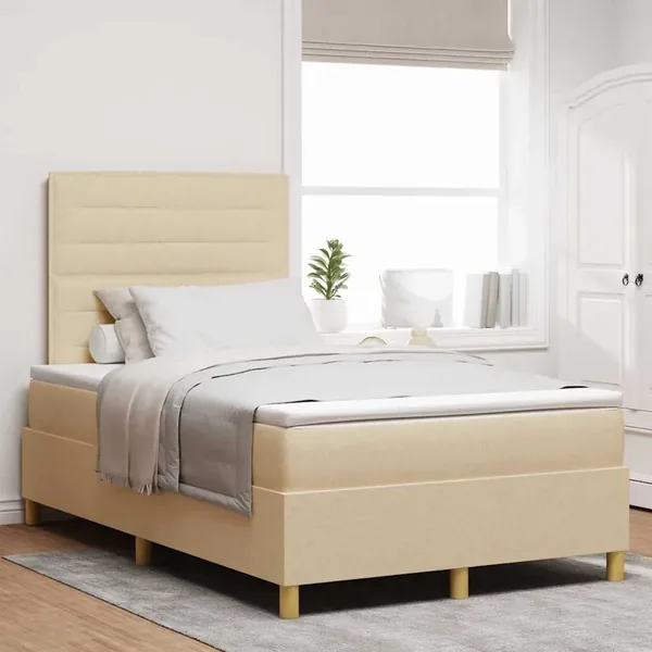 Lit à ressort LED avec matelas Crème 120 x 190 cm tissu