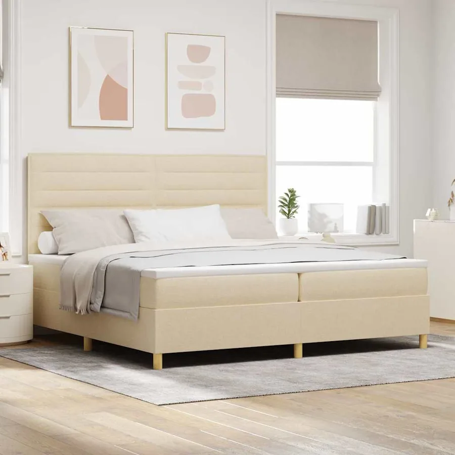 Lit à ressort LED avec matelas Crème 200 x 200 cm tissu