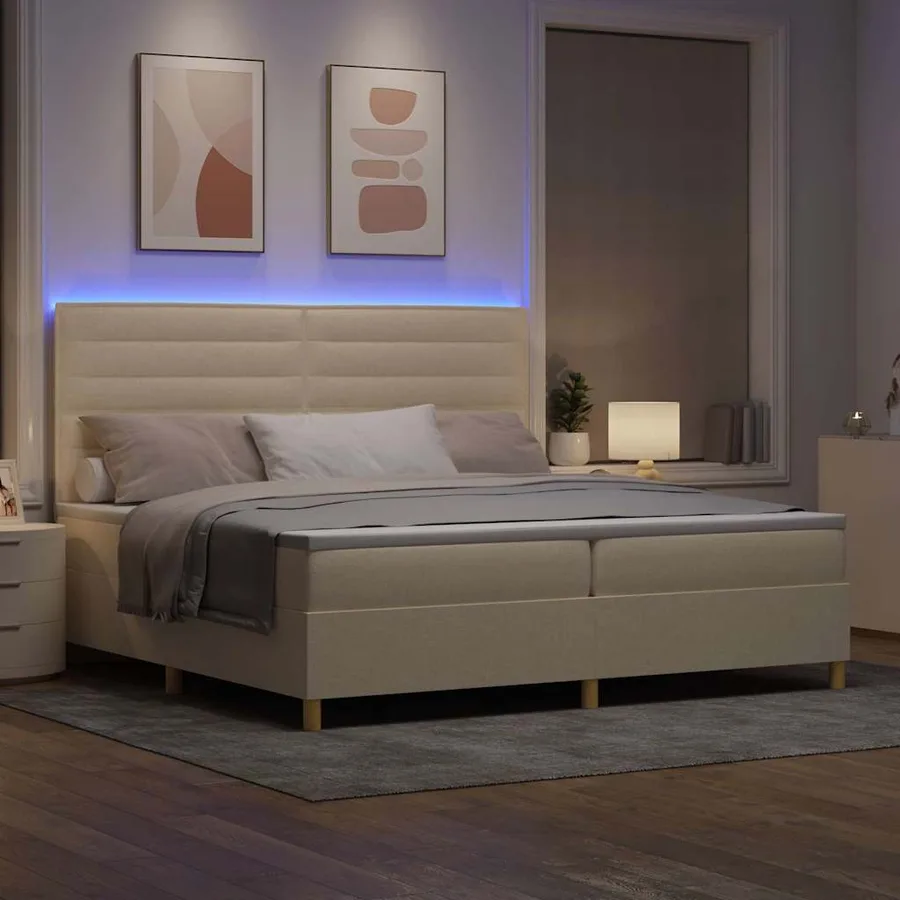 Lit à ressort LED avec matelas Crème 200 x 200 cm tissu - 5