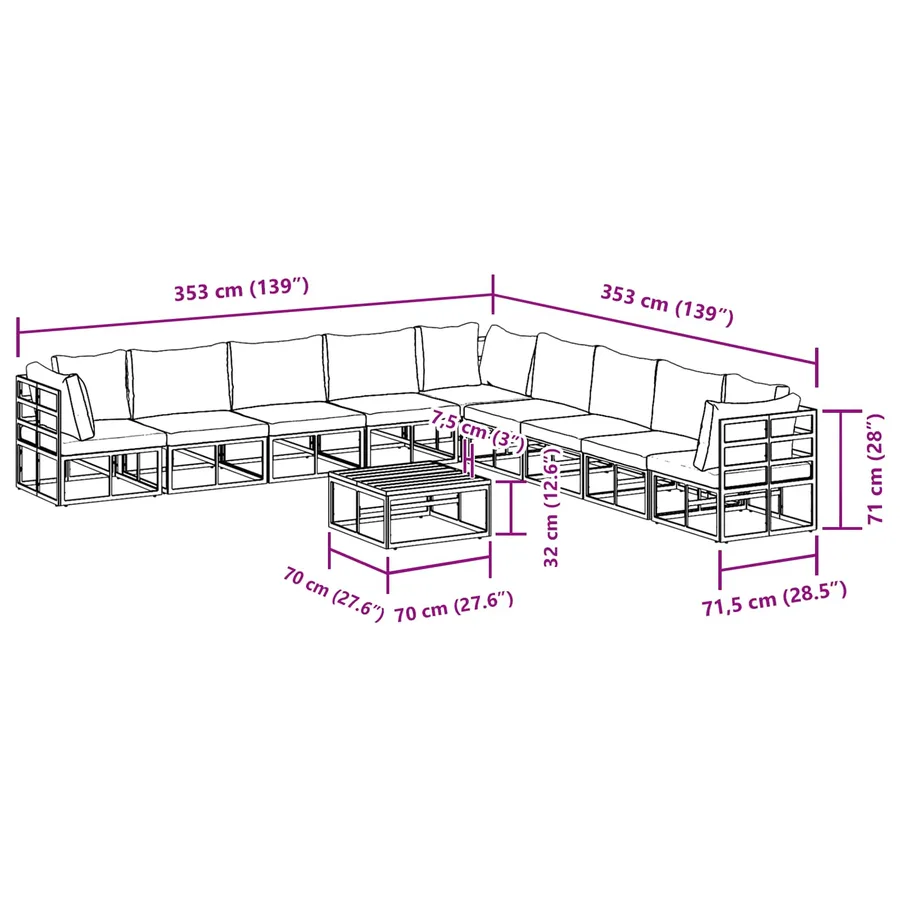 Ensemble de canapé de jardin avec coussin 10 pcs Noir Aluminium - 14