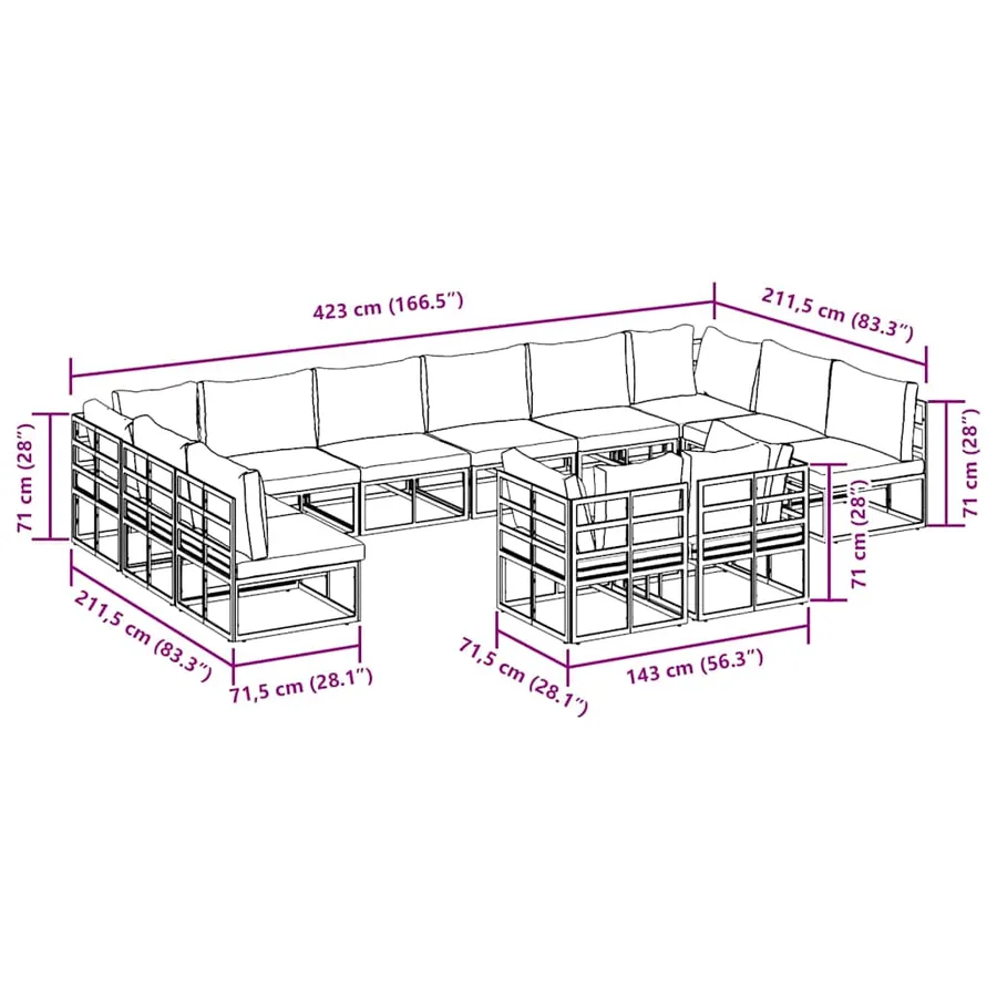 Ensemble de canapé de jardin avec coussin 12 pcs Noir Aluminium - 13