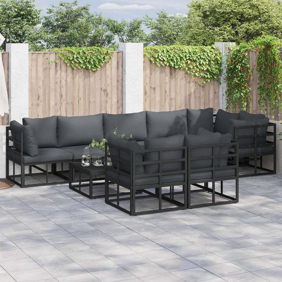 Ensemble de canapé de jardin avec coussin 9 pcs Noir Aluminium