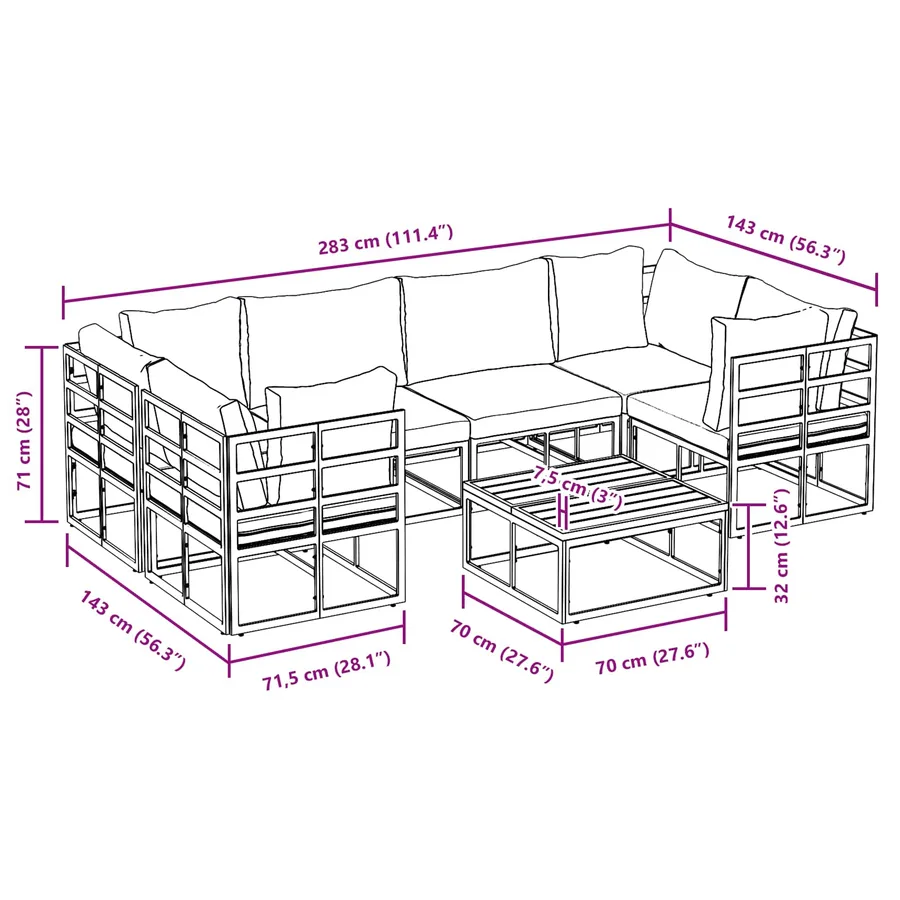 Ensemble de canapé de jardin avec coussin 7 pcs Noir Aluminium - 14