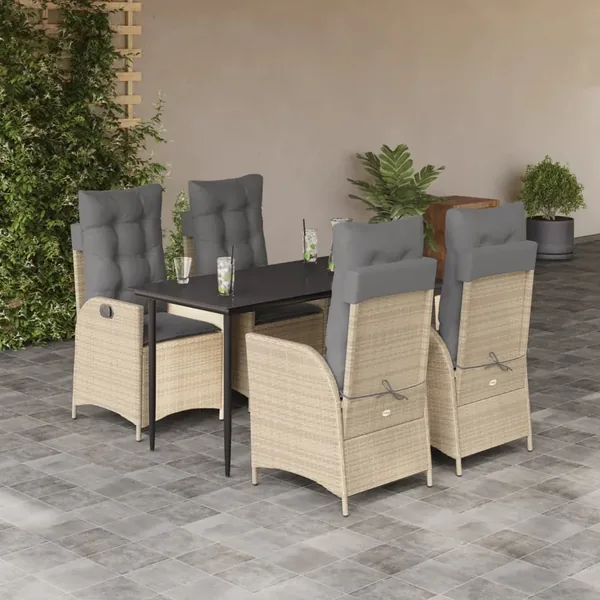 Ensemble à manger de jardin avec coussins 5pcs Beige poly rotin