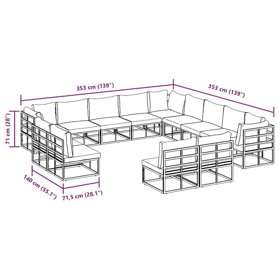 Ensemble de canapé de jardin avec coussin 13 pcs Noir Aluminium - 13