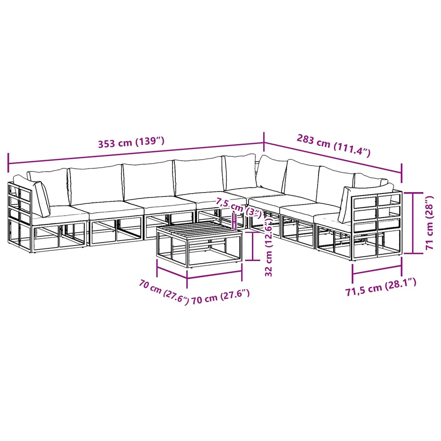 Ensemble de canapé de jardin avec coussin 9 pcs Noir Aluminium - 14