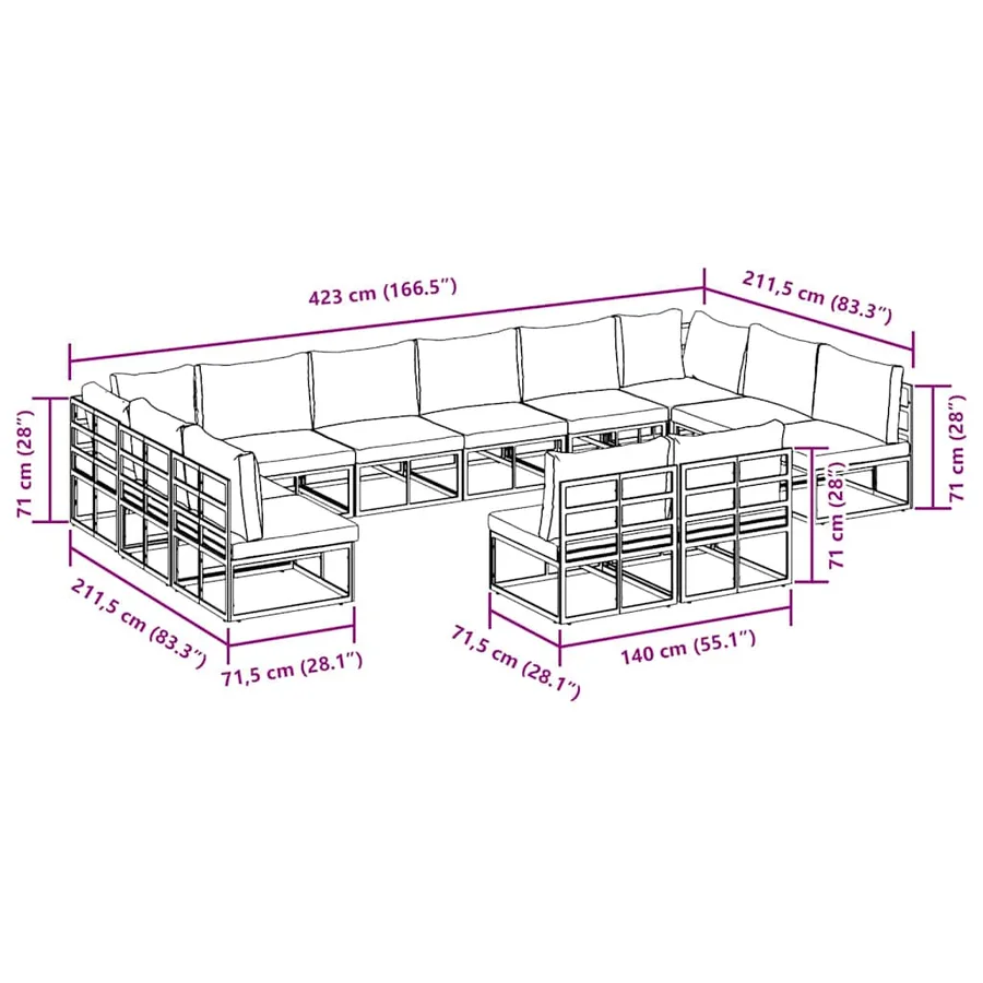 Ensemble de canapé de jardin avec coussin 12 pcs Noir Aluminium - 11