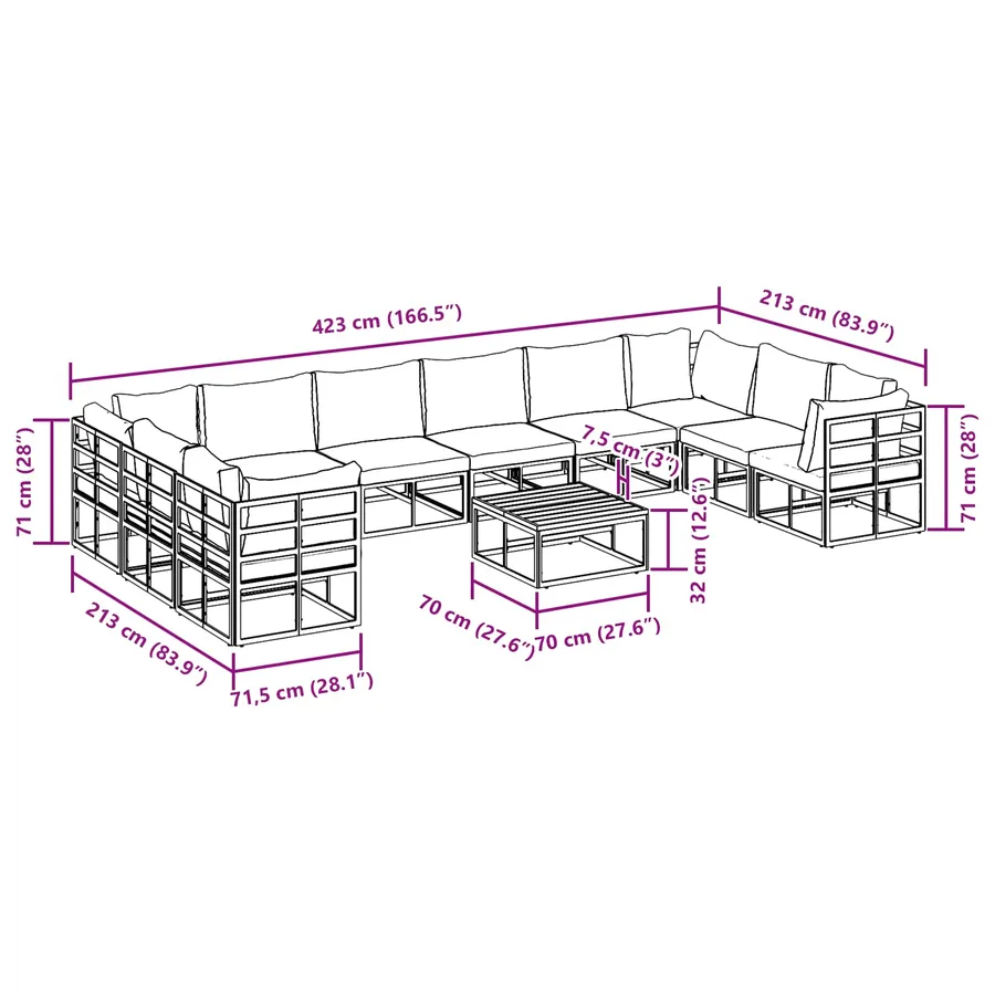 Ensemble de canapé de jardin avec coussin 11 pcs Noir Aluminium - 14