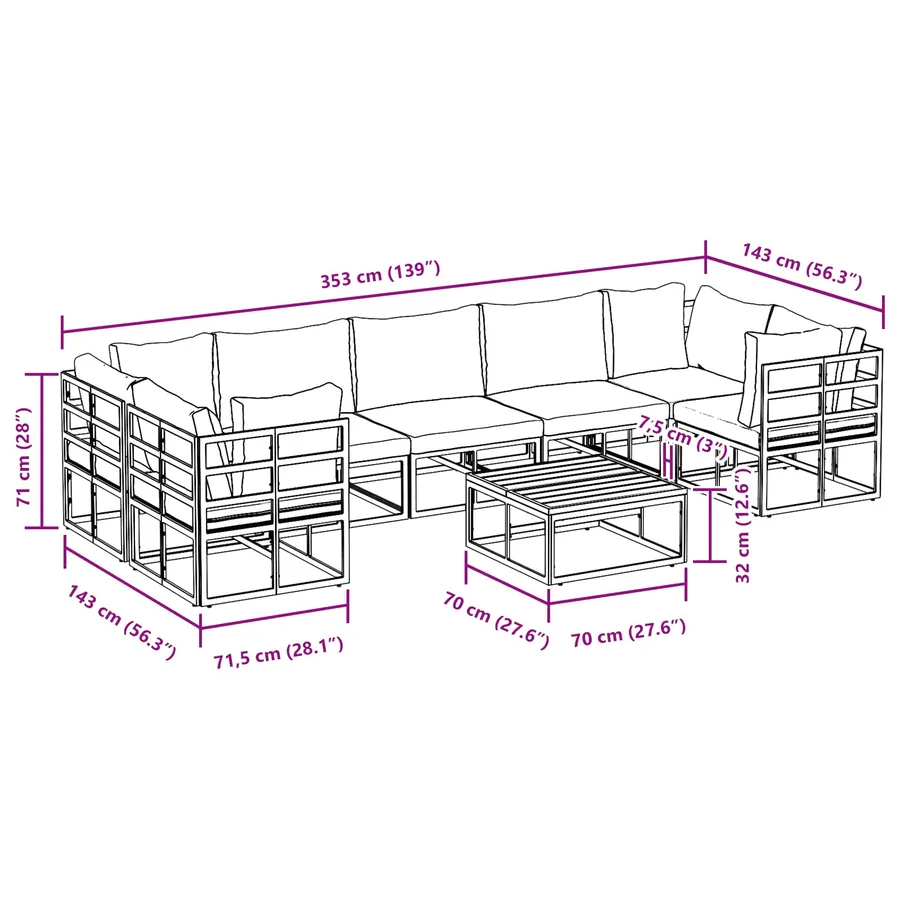 Ensemble de canapé de jardin avec coussin 8 pcs Noir Aluminium - 14