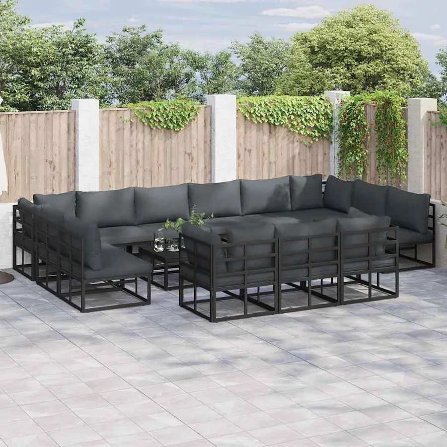 Ensemble de canapé de jardin avec coussin 13 pcs Noir Aluminium