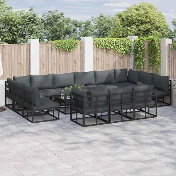 Ensemble de canapé de jardin avec coussin 13 pcs Noir Aluminium