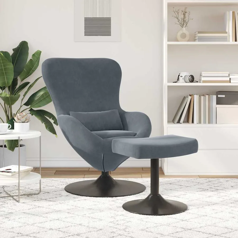 Chaise Œuf avec Pouf Gris foncé Velours - 3