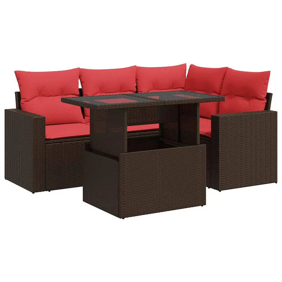 Salon de jardin avec coussins 5pcs marron résine tressée acacia - 2