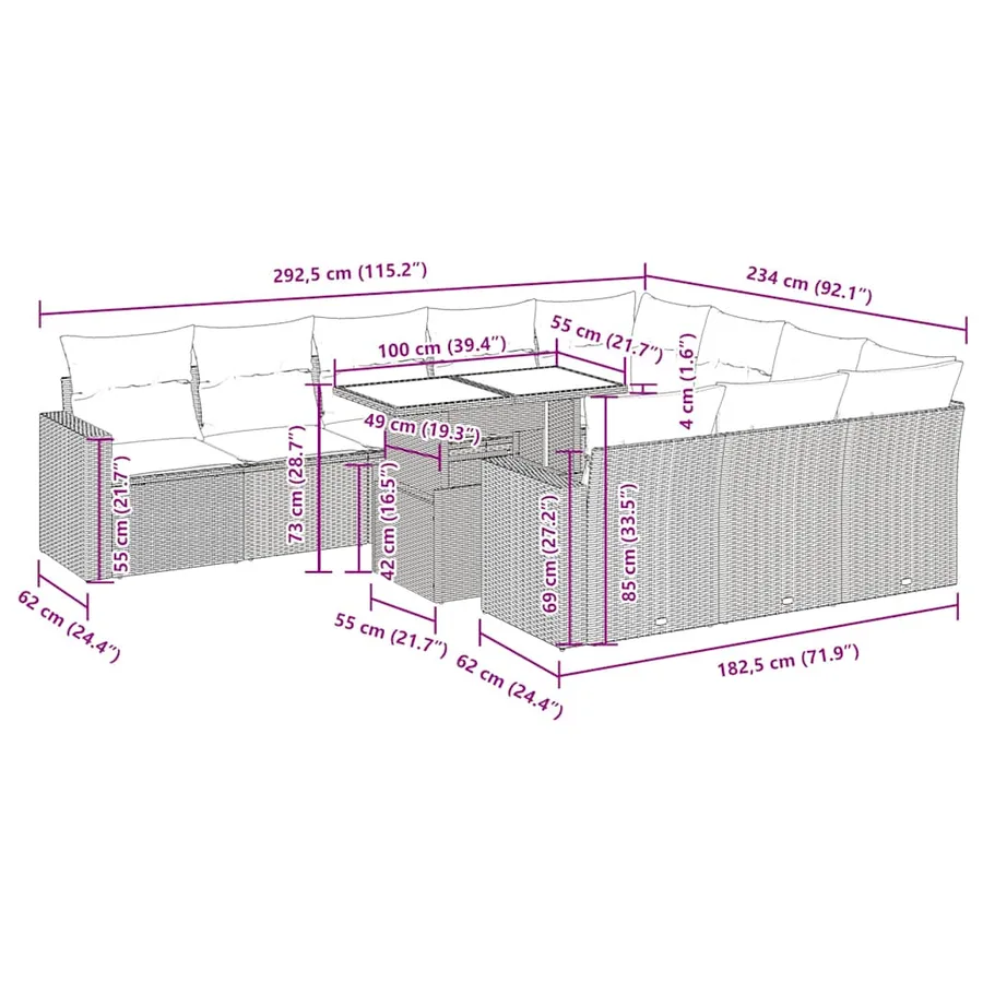 Ensemble de canapés de jardin 11 pcs et coussins rotin acacia - 13