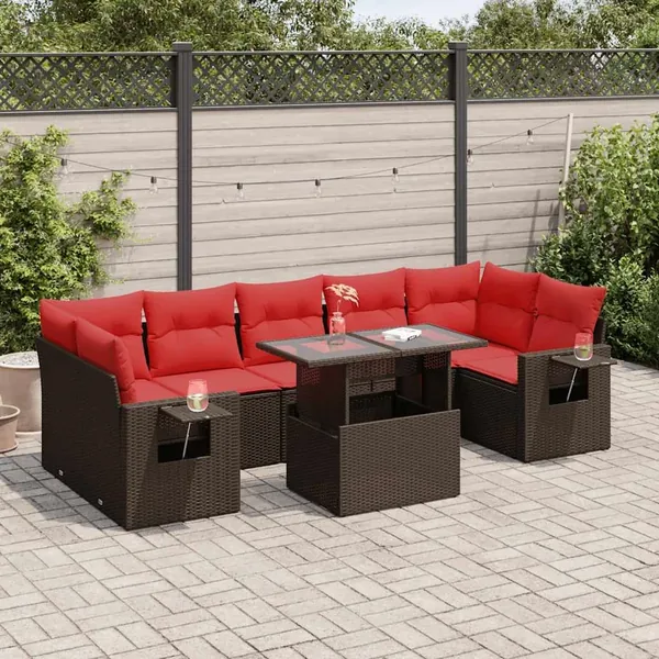 Salon de jardin avec coussins 8 pcs marron résine tressée acacia
