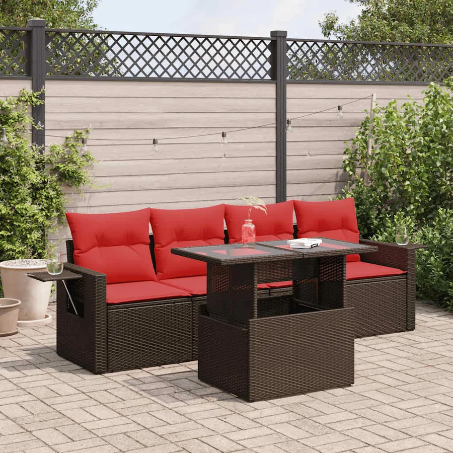Salon de jardin 5 pcs avec coussins marron résine tressée acacia