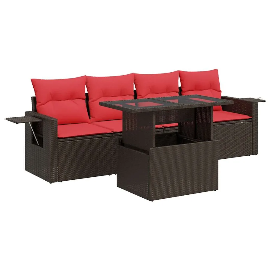 Salon de jardin 5 pcs avec coussins marron résine tressée acacia - 2
